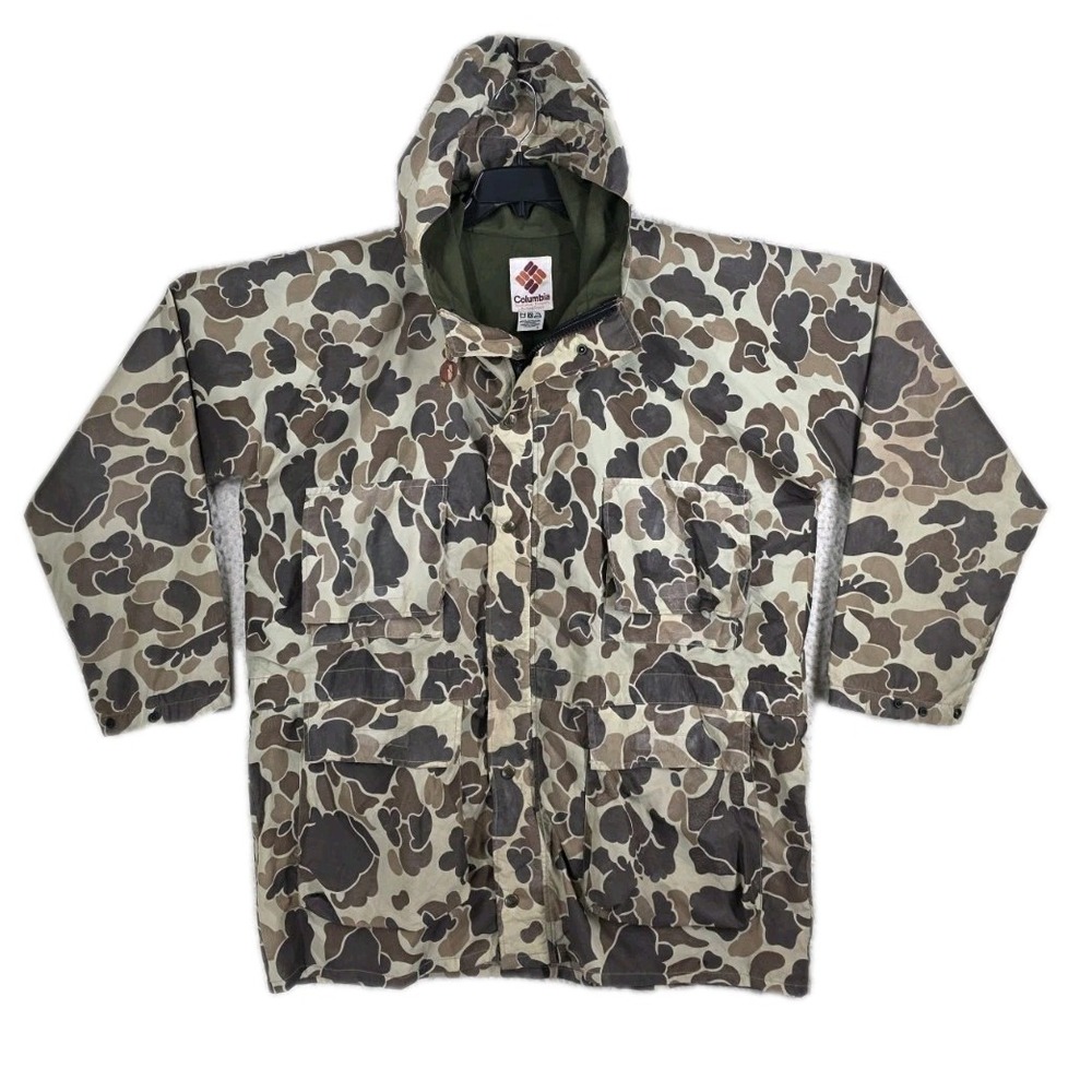 Vtg Columbia Camo Jacket Hooded Mens L Cargo Pockets Brown Green Hunting Stained